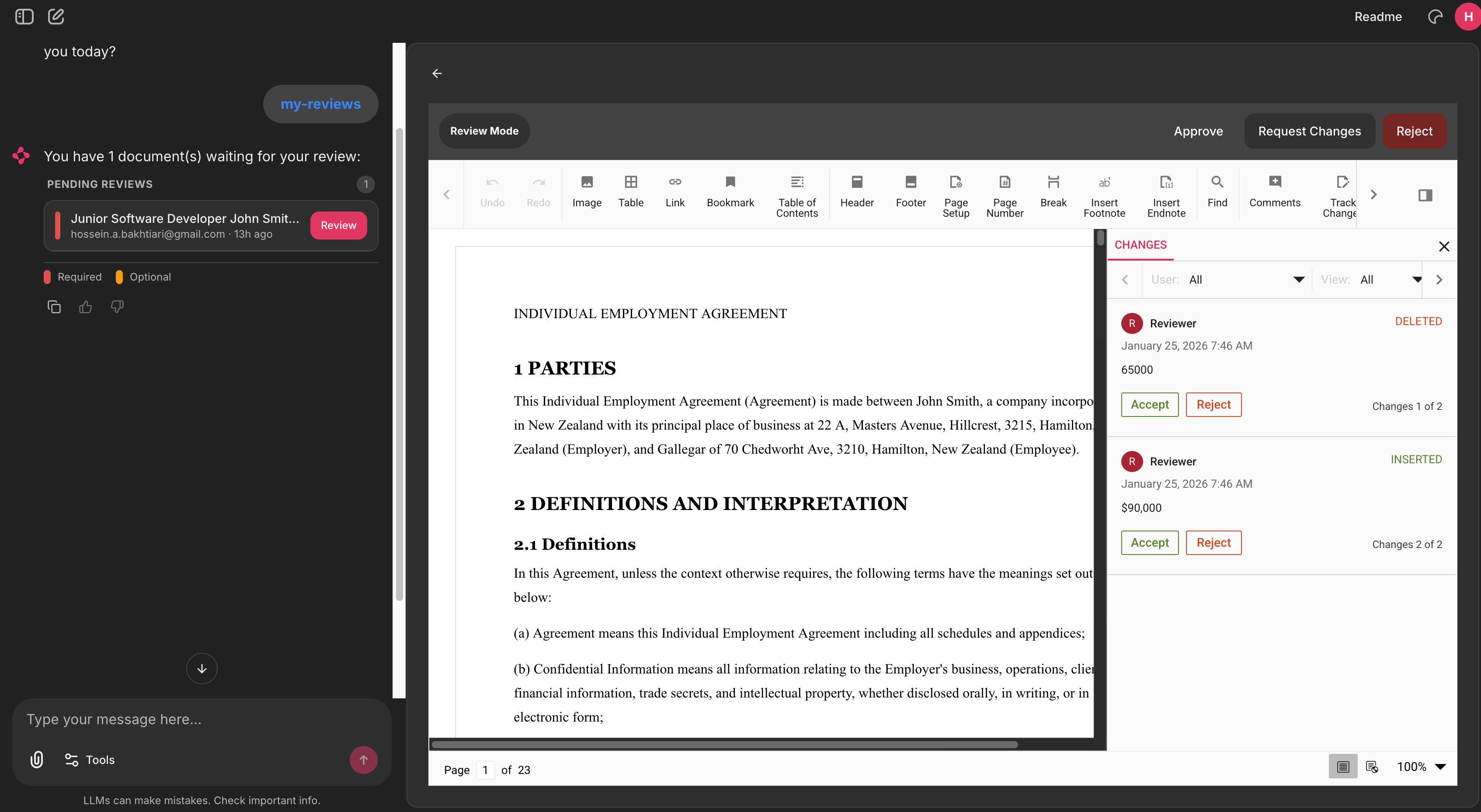 AI editing with track changes