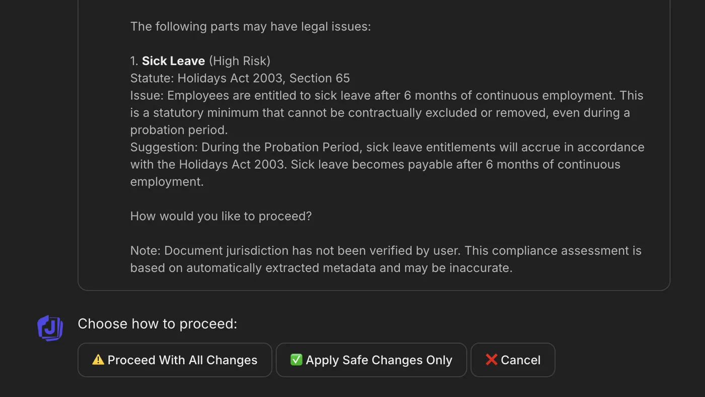 Compliance Guard warning showing statute citation and options to proceed, apply safe parts, or cancel