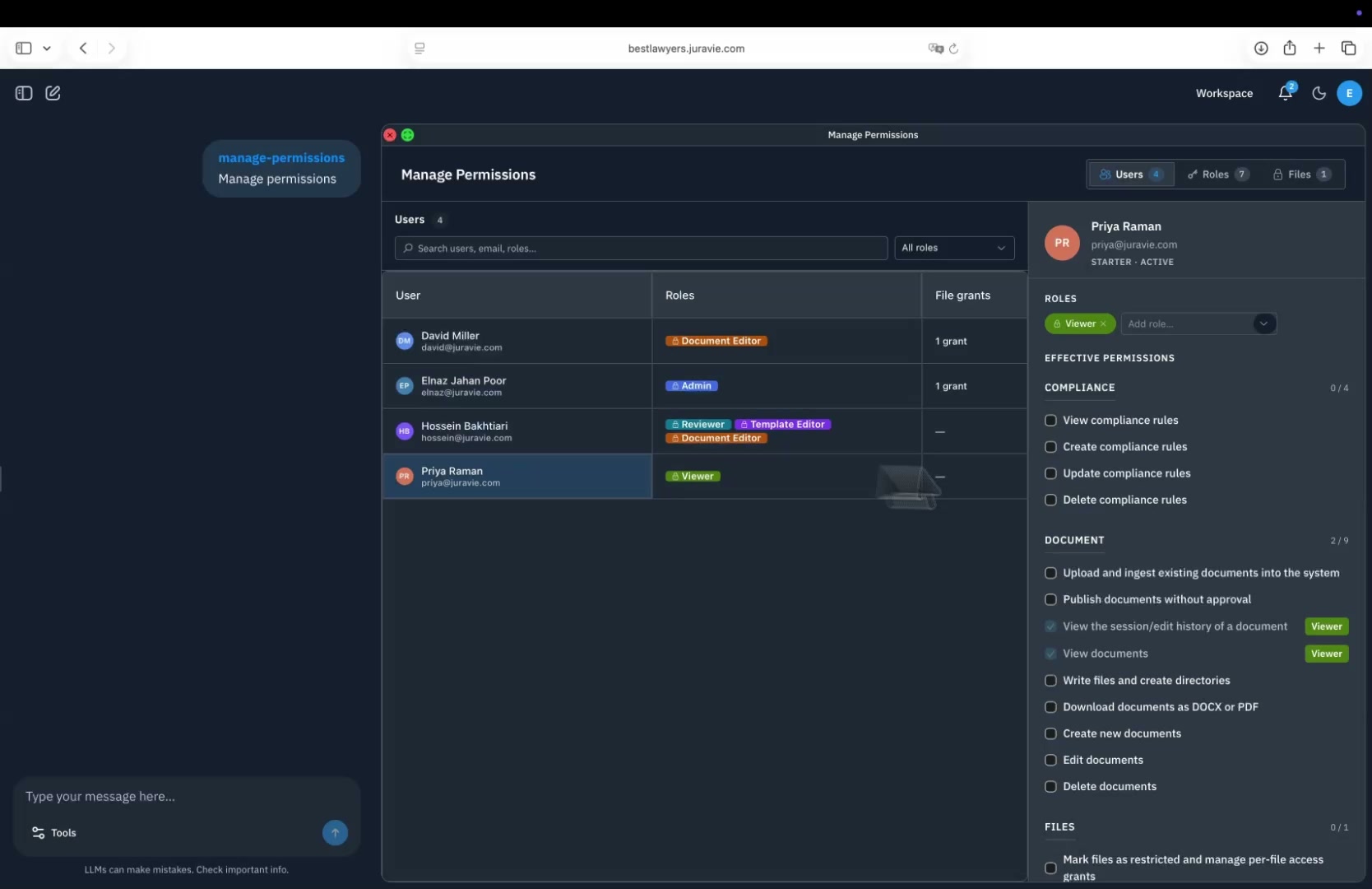 Per-file restrictions narrated demo — Juravie admin restricts a junior software developer employment agreement to a single user with read-only access. A second user without access cannot find the file via AI search or the file manager. The granted user can open it but the AI refuses to edit it because it inherits the user's view-only permission.